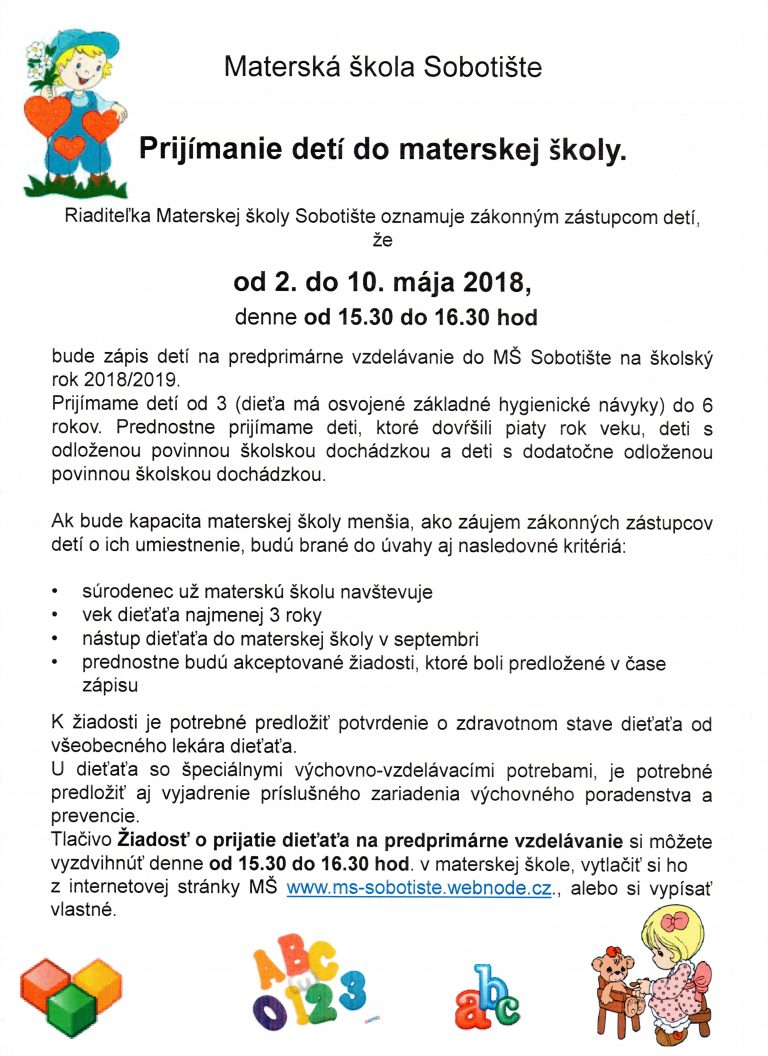 Zápis detí do materskej školy na školský rok 2018/2019