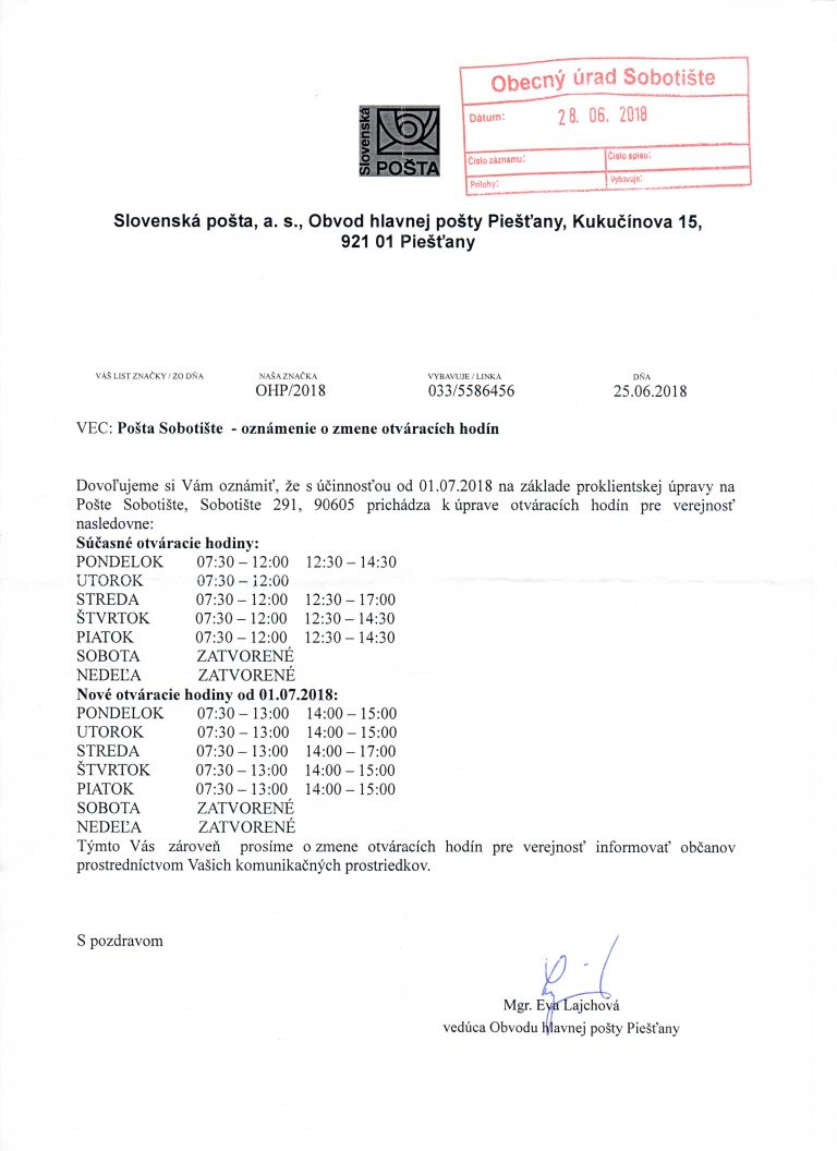 Pošta Sobotište – otváracie hodiny od 1.7.2018