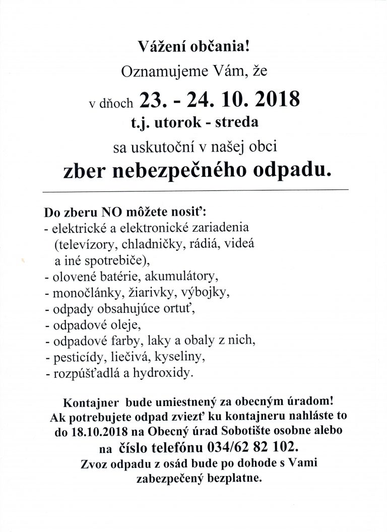 Zber nebezpečného odpadu – v dňoch 23. – 24.10.2018