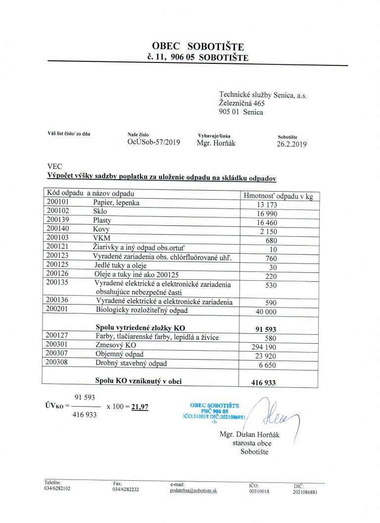 Informácia o úrovni vytriedenia komunálneho odpadu za r. 2018