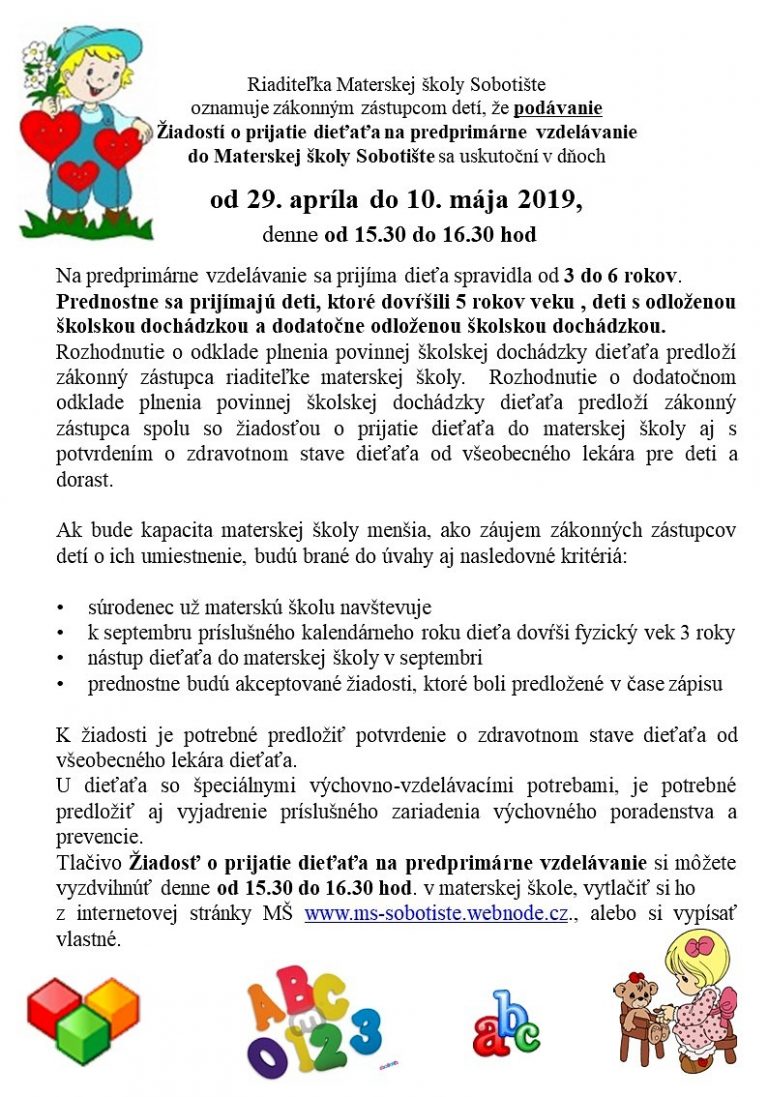 Zápis do MŠ – oznam
