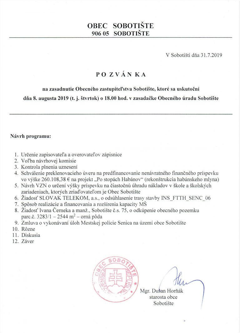 Pozvánka na zasadnutie OZ – 8.8.2019
