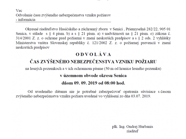 Odvolanie času zvýšeného nebezpečenstva vzniku požiaru dňom 9.9.2019