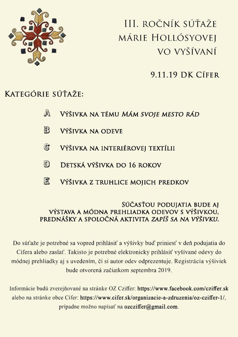 CÍFER – III. ročník súťaže vo vyšívaní – 9.11.2019