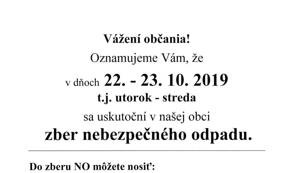 Zber nebezpečného odpadu: 22. – 23.10.2019