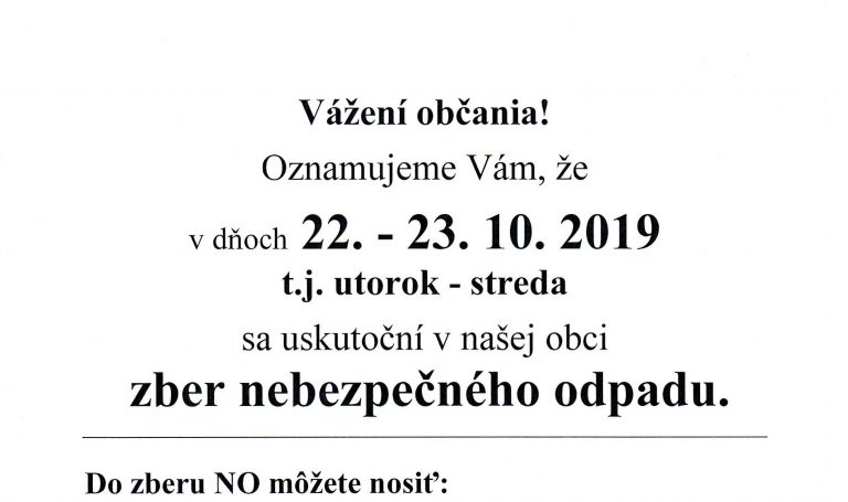 Zber nebezpečného odpadu: 22. – 23.10.2019