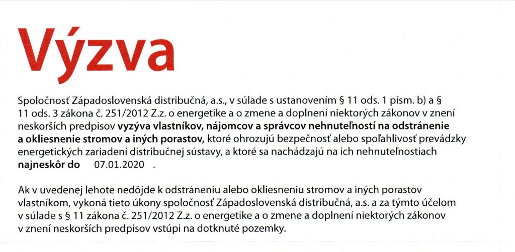 Západoslovenská distribučná, a.s. – VÝZVA na odstránenie a okliesnenie stromov