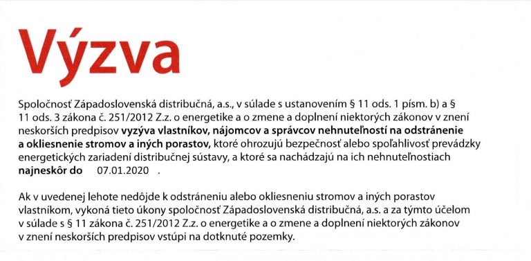 Západoslovenská distribučná, a.s. – VÝZVA na odstránenie a okliesnenie stromov