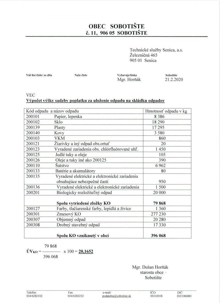 Informácia o úrovni vytriedenia komunálneho odpadu za r. 2019