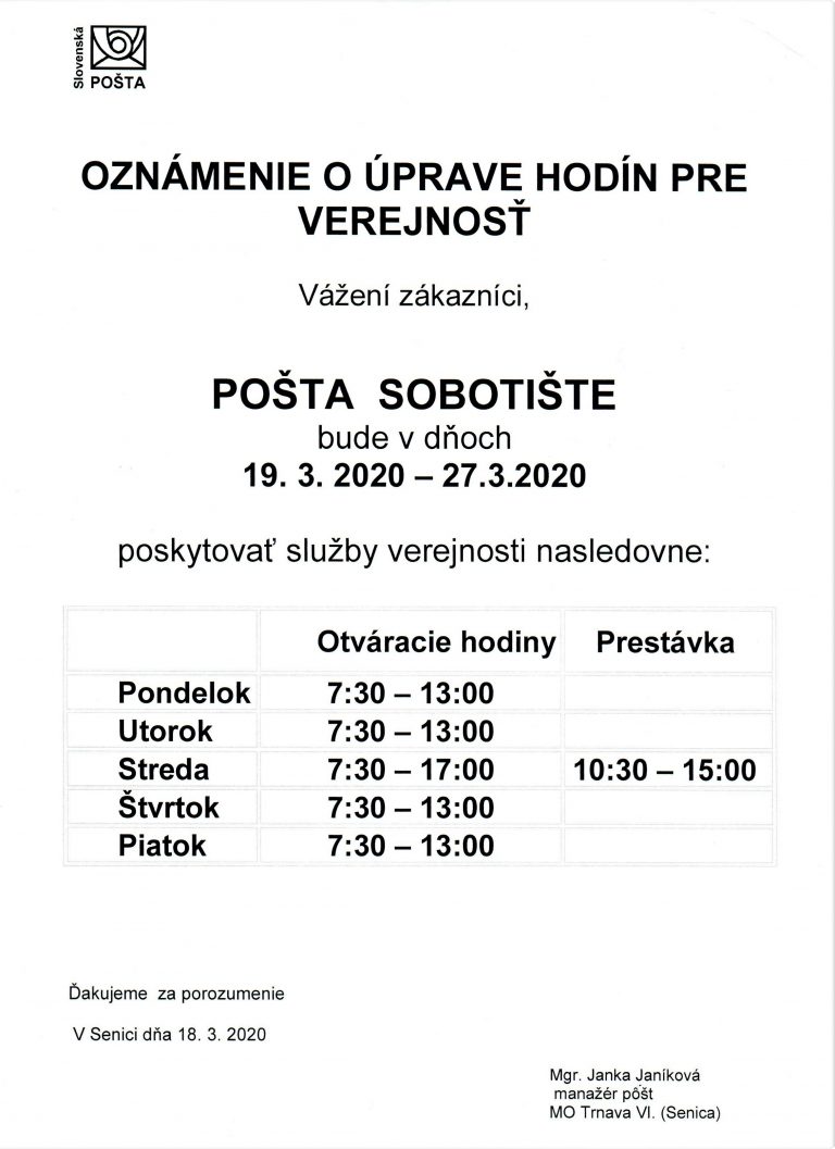 Slovenská pošta – úprava hodín pre verejnosť