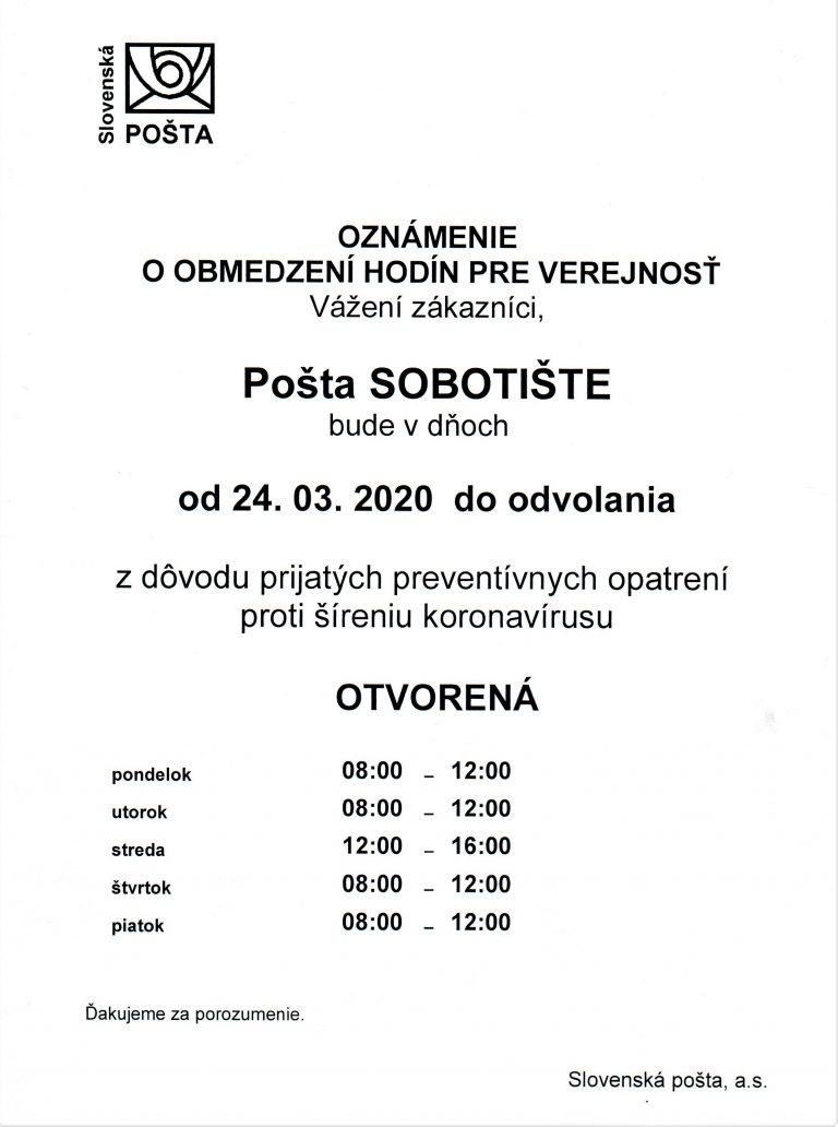 Pošta Sobotište – zmena otváracích hodín