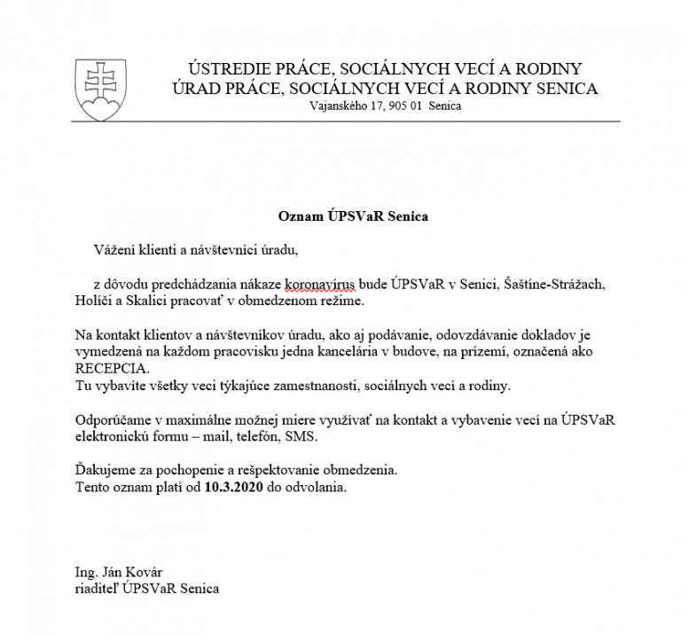 Oznam ÚPSVaR Senica
