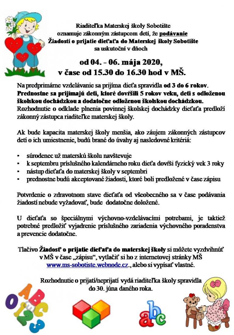 Zápis do MŠ – oznámenie