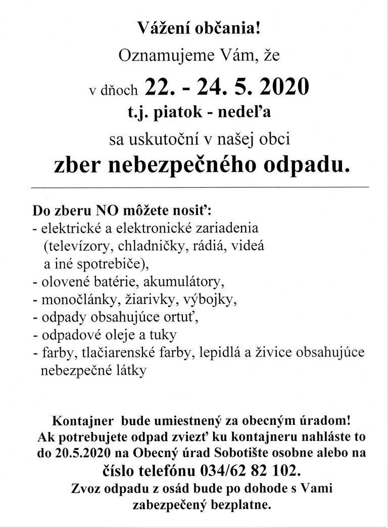 Zber nebezpečného odpadu – 22. – 24.5.2020