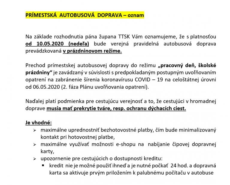 Autobusová doprava – oznam TTSK