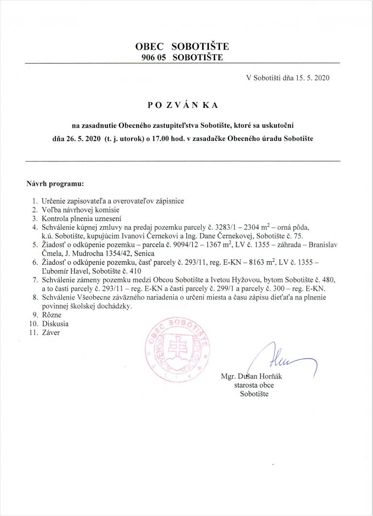 Pozvánka na zasadnutie OZ – 26.05.2020
