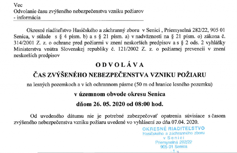 ODVOLANIE času zvýšeného nebezpečenstva vzniku požiaru