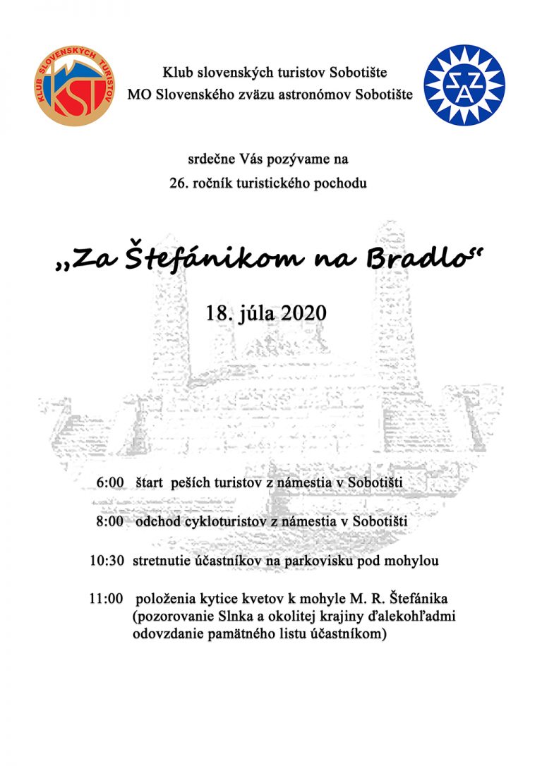 Turistický pochod: Za Štefánikom na Bradlo – 18.7.2020