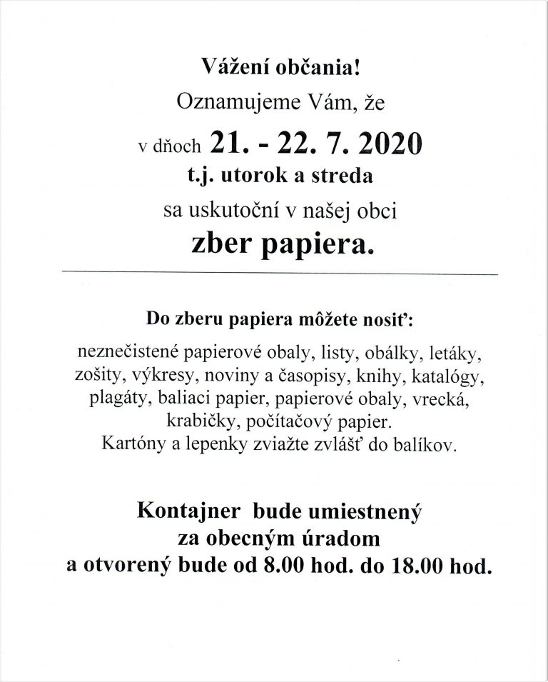 Zber papiera: 21. – 22.7.2020