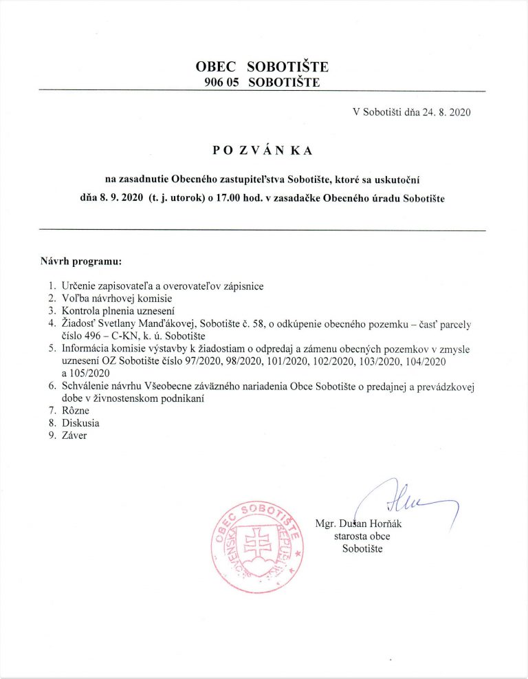 Pozvánka na zasadnutie OZ – 8.9.2020