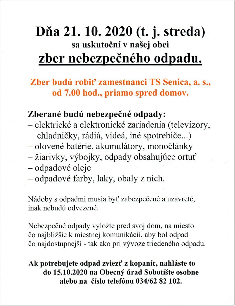 Zber nebezpečného odpadu – 21.10.2020