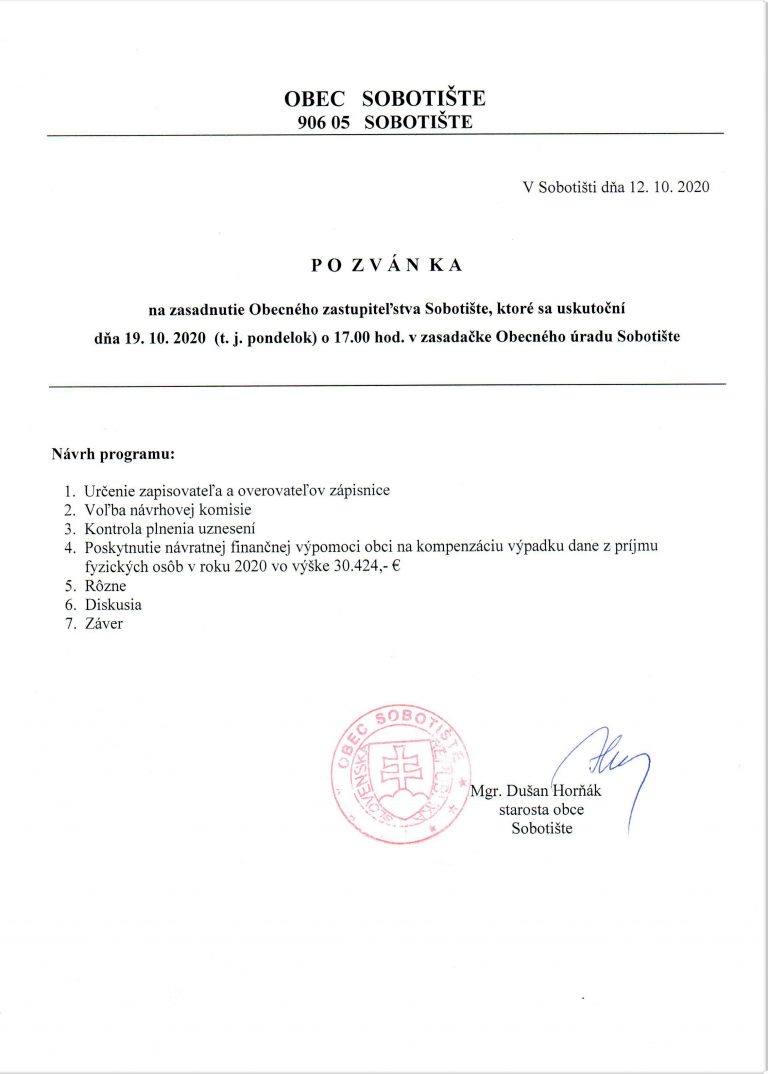 Pozvánka na zasadnutie OZ – 19.10.2020