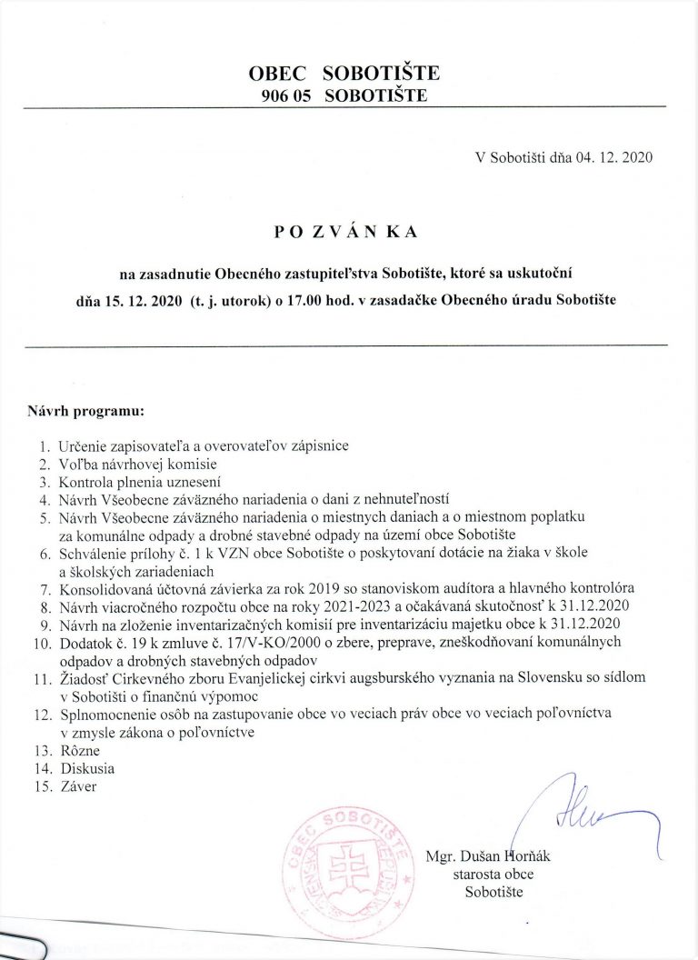 Pozvánka na zasadnutie OZ – 15.12.2020