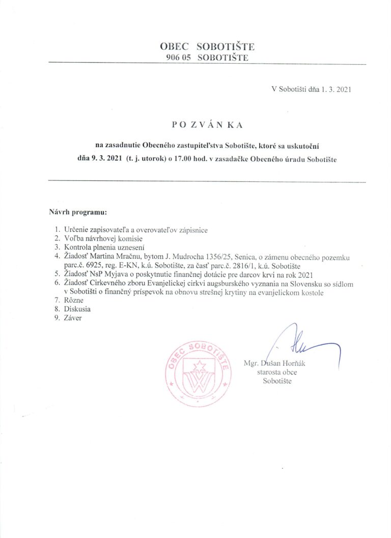 Pozvánka na zasadnutie OZ – 9.3.2021