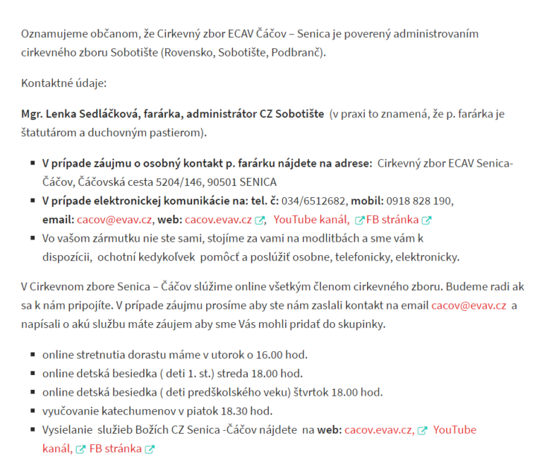 Zastupovanie CZ Sobotište v čase straty duchovného pastiera – oznam