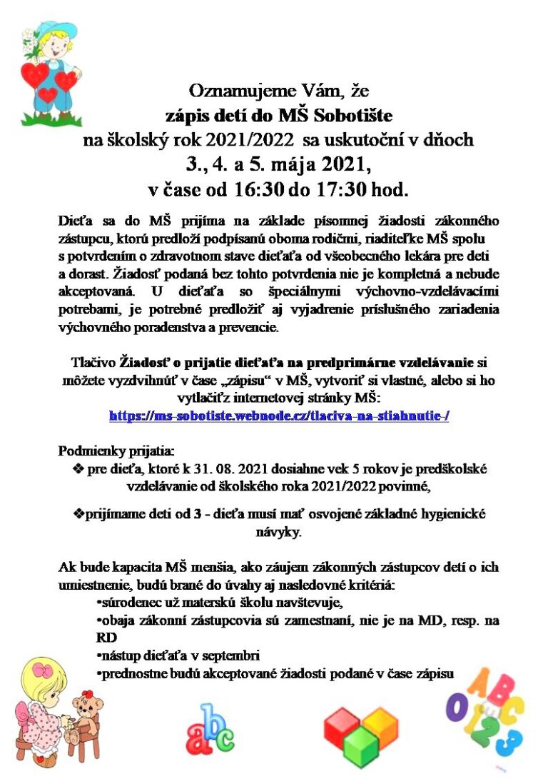 Zápis detí do MŠ Sobotište na šk. rok 2021/2022