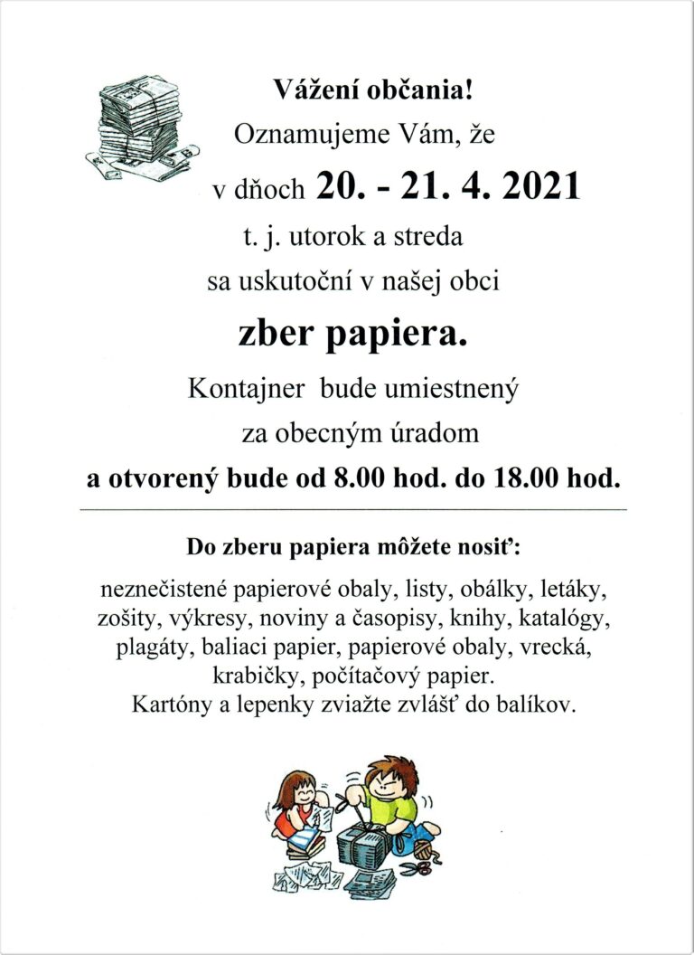 Zber papiera – 20.4. – 21.4.