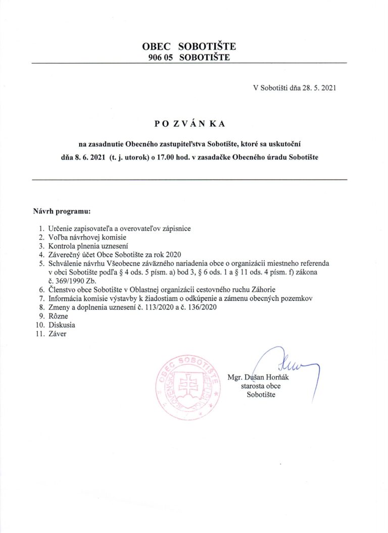 Zasadnutie obecného zastupiteľstva – 8.6.2021