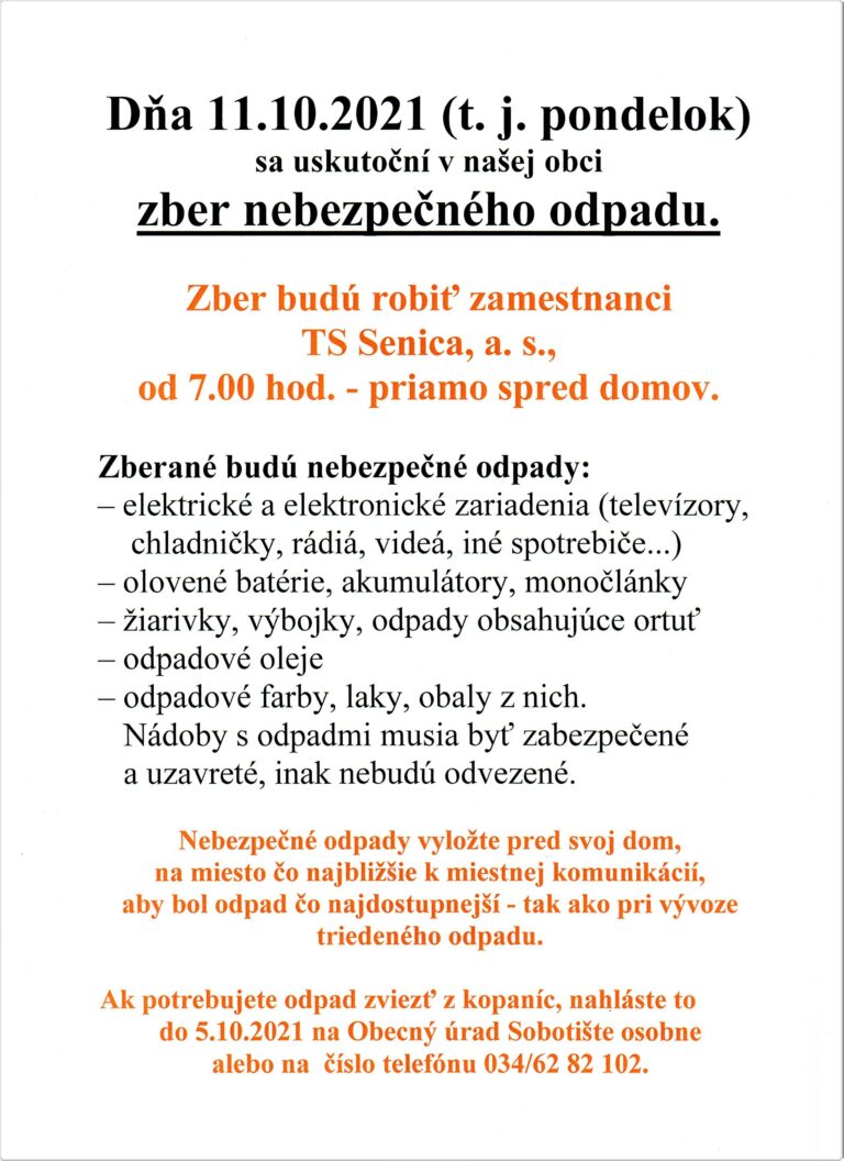 Zber nebezpečného odpadu – 11.10.2021