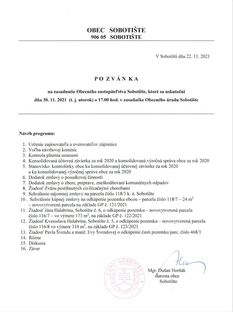 Pozvánka na zasadnutie obecného zastupiteľstva – 30.11.2021
