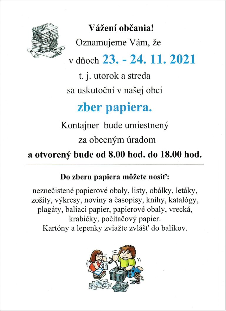 Zber papiera: 23.11. – 24.11.2021