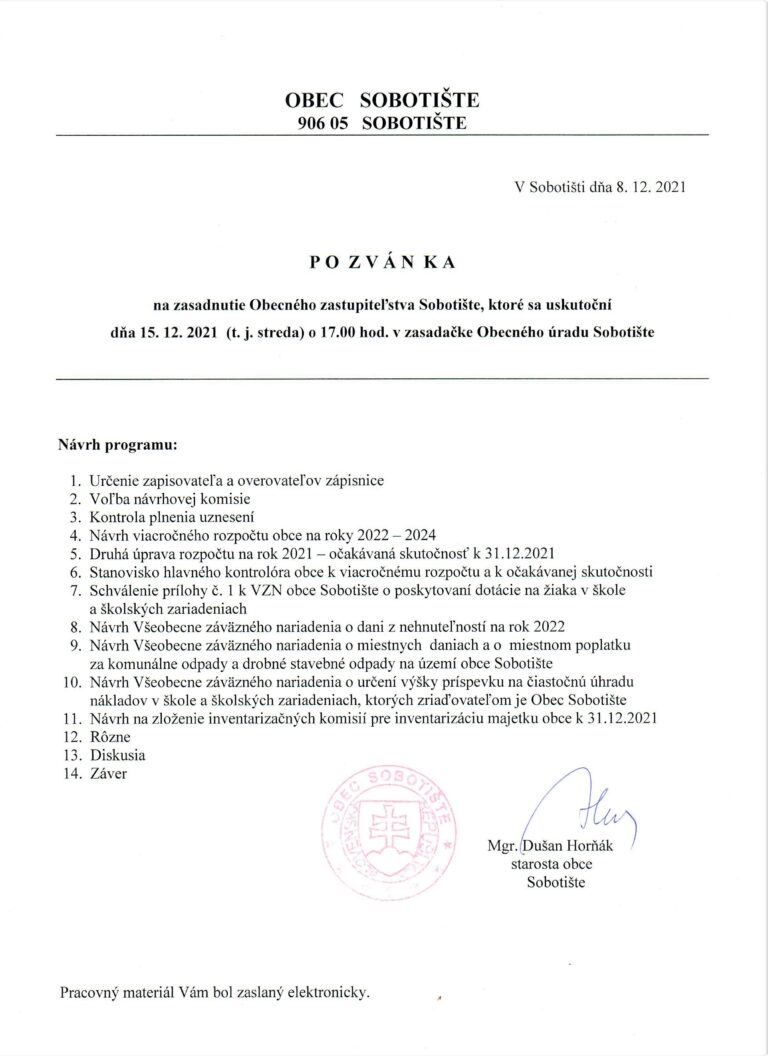 Pozvánka na zasadnutie OZ – 15.12.2021