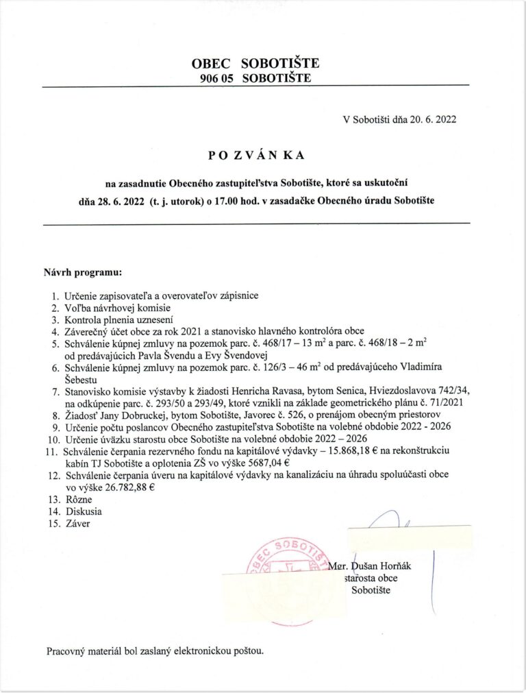 Pozvánka na zasadnutie OZ – 28.6.2022