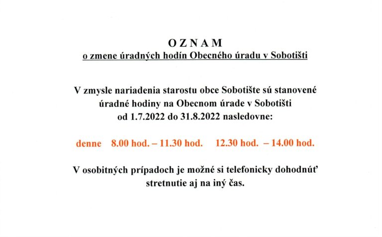 Zmena úradných hodín na Obecnom úrade v Sobotišti