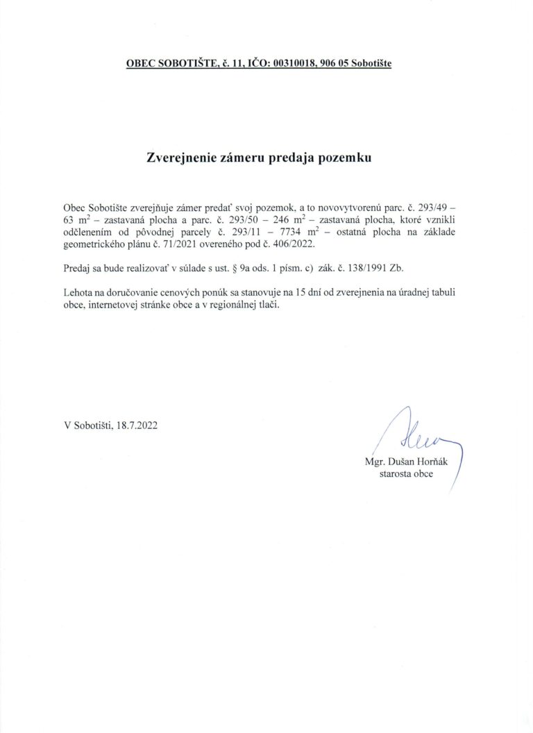 Zverejnenie zámeru predaja pozemku