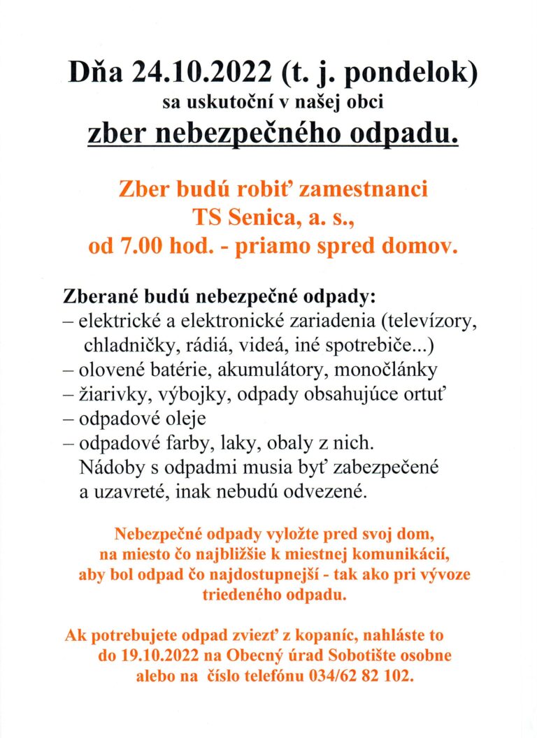 Zber nebezpečného odpadu – 24.10.2022