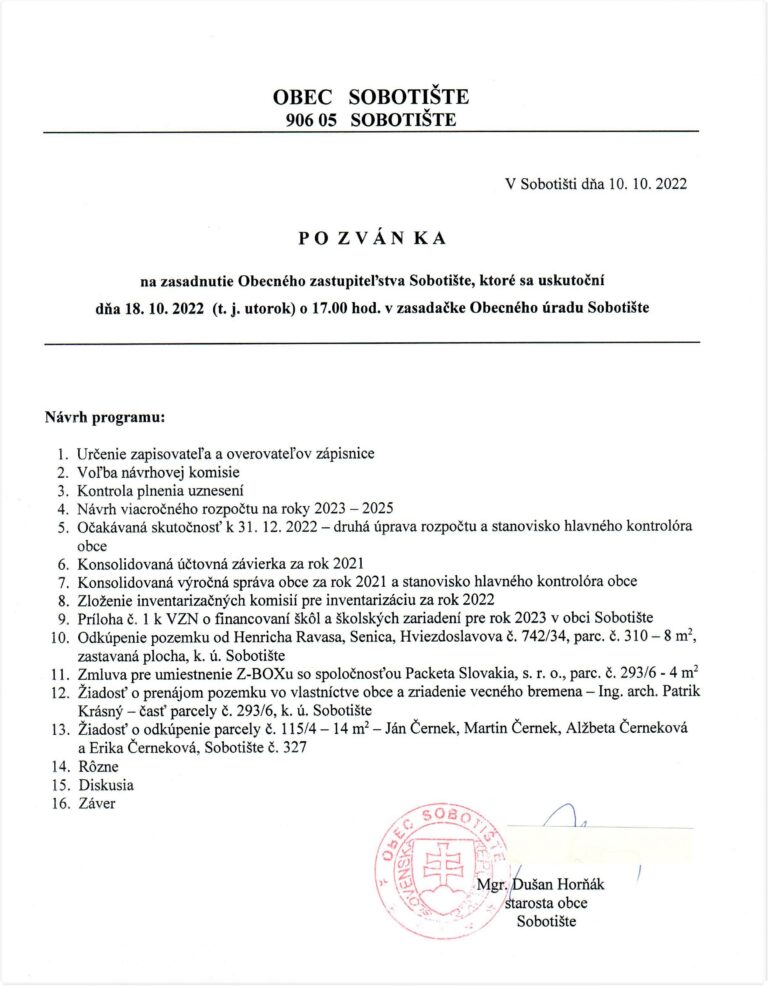 Pozvánka na zasadnutie OZ – 18.10.2022