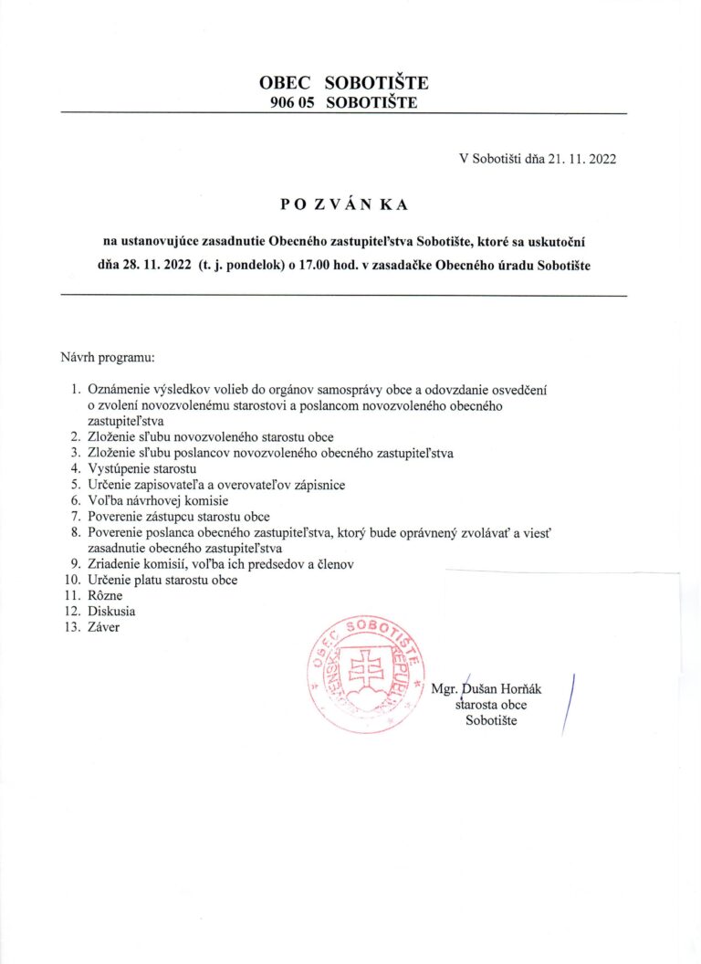 Pozvánka na ustanovujúce zasadnutie Obecného zastupiteľstva Sobotište – 28.11.2022