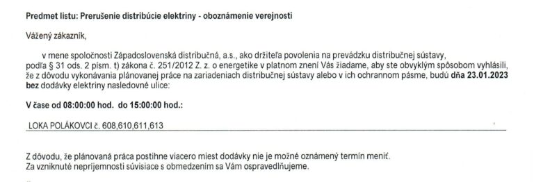 Odstávka elektriny – 23.1.2023