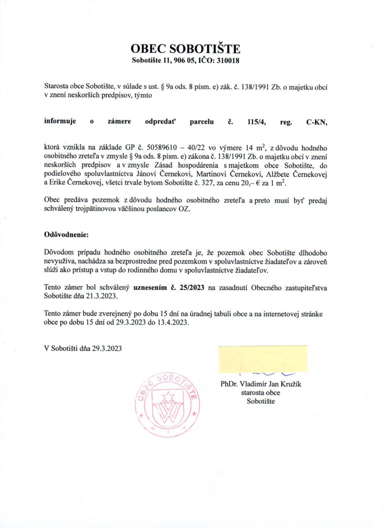 Informácia o zámere odpredať parc. č. 115/4, kat. úz. Sobotište