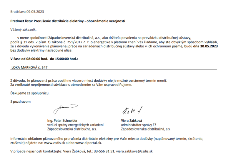 Odstávka elektriny – 30.5.2023