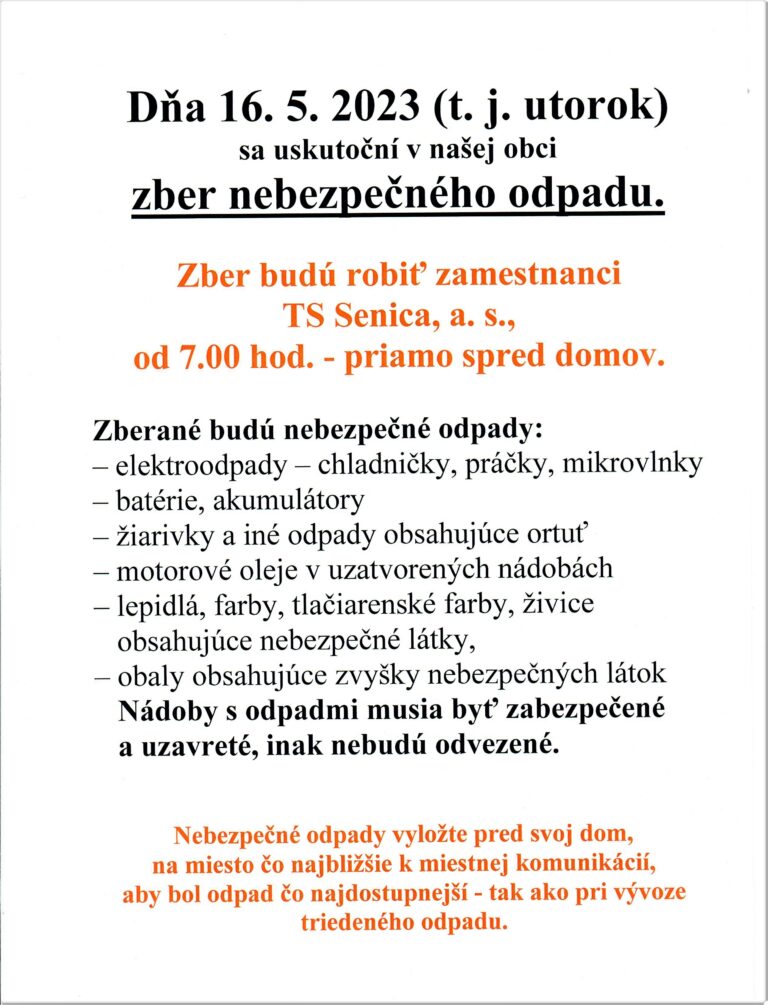 Zber nebezpečného odpadu – 16.5.2023