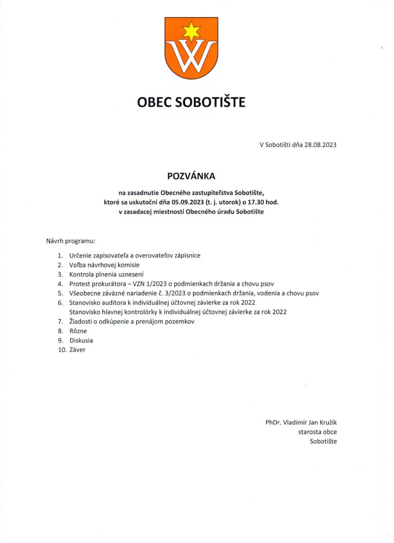 Pozvánka na zasadnutie OZ – 5.9.2023