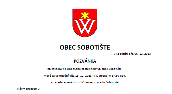 Pozvánka na zasadnutie OZ – 13.12.2023