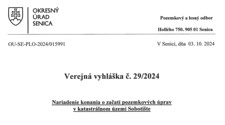 Verejná vyhláška 29/2024 Nariadenie konania o začatí pozemkových úprav v k.ú. Sobotište
