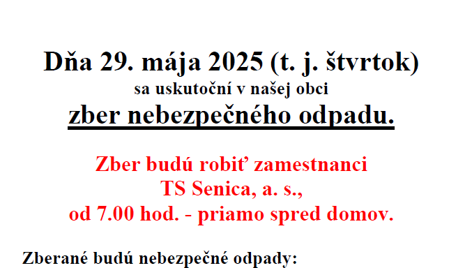 Zber nebezpečného odpadu – 29.5.2025